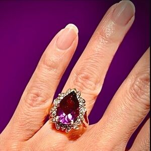Stunning Zambian Amethyst & Diamond 14K Solid Gold Statement Ring